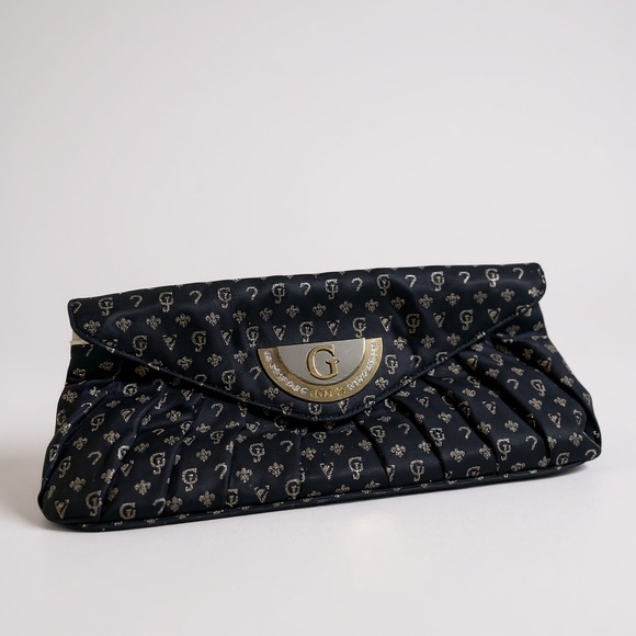 Guess Black Monogram Satin Clutch w/ Rhinestone Logo Plate Y2K Gold Logo - Picture 1 of 13